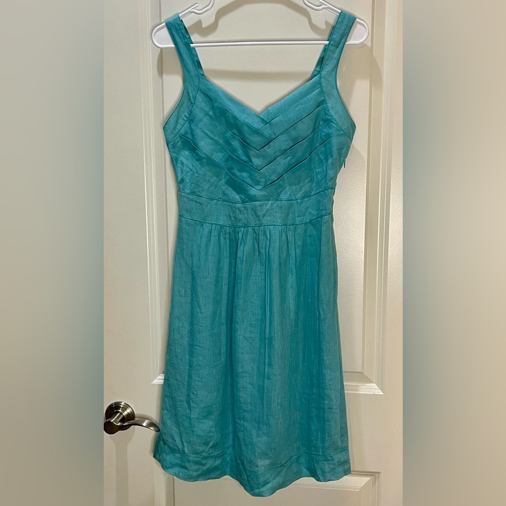 Vintage Turquoise Linen V-Neck Mini Dress Size S